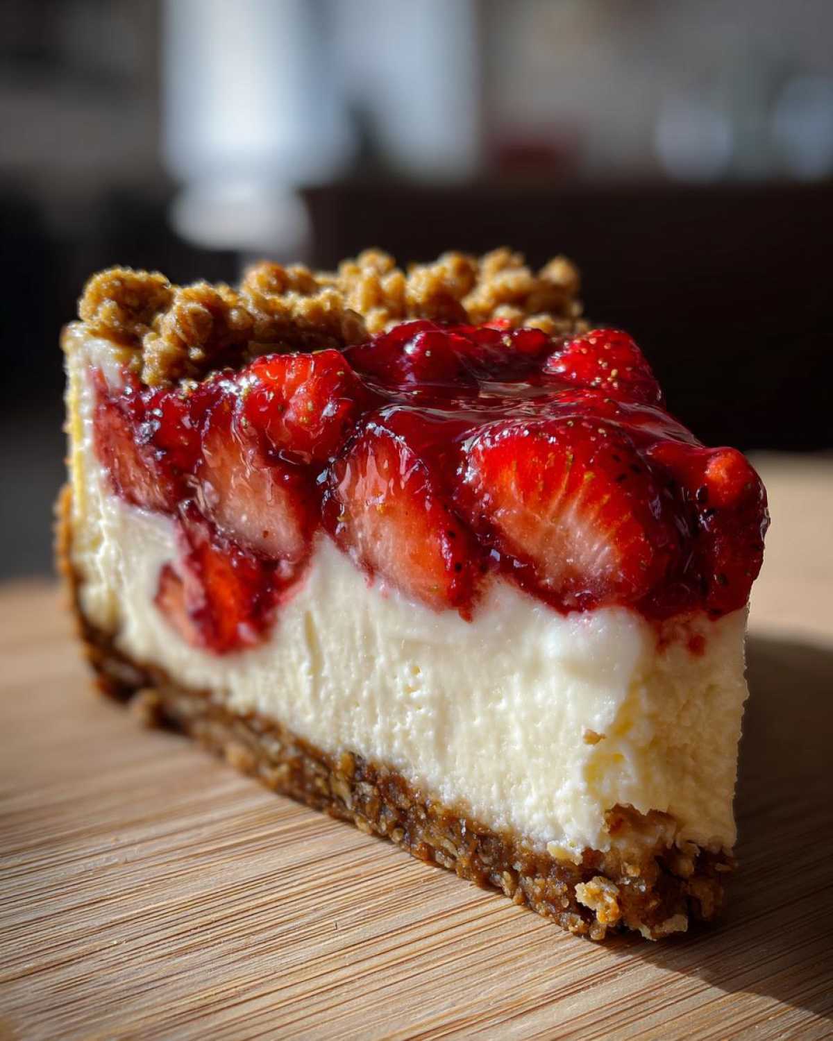 A close-up slice of strawberry shortcake cheesecake featuring a thick graham cracker crust, creamy filling, and strawberry topping.