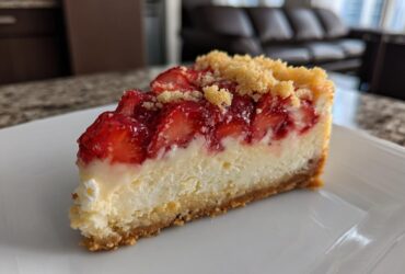 A perfect slice of strawberry shortcake cheesecake featuring a graham cracker crust, creamy filling, and topped with glazed strawberries and crumble.