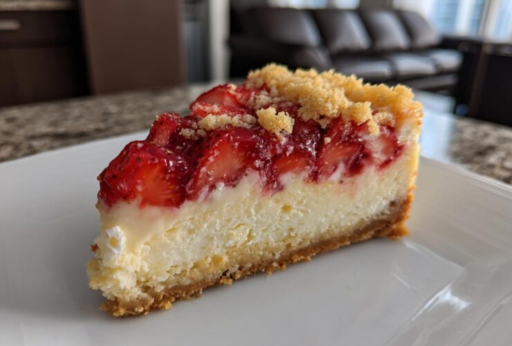 A perfect slice of strawberry shortcake cheesecake featuring a graham cracker crust, creamy filling, and topped with glazed strawberries and crumble.