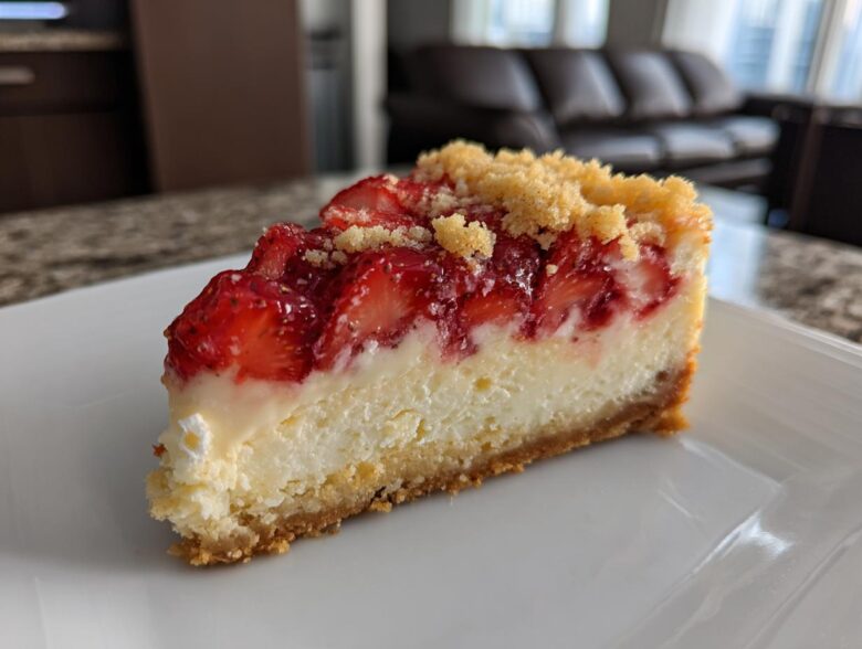 A perfect slice of strawberry shortcake cheesecake featuring a graham cracker crust, creamy filling, and topped with glazed strawberries and crumble.