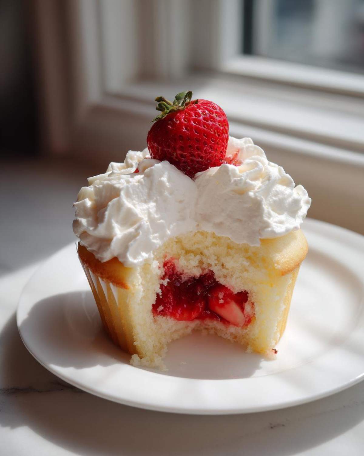 A close-up of a strawberry shortcake cupcakes with a bite taken out, revealing the strawberry filling, topped with whipped cream and a fresh strawberry.