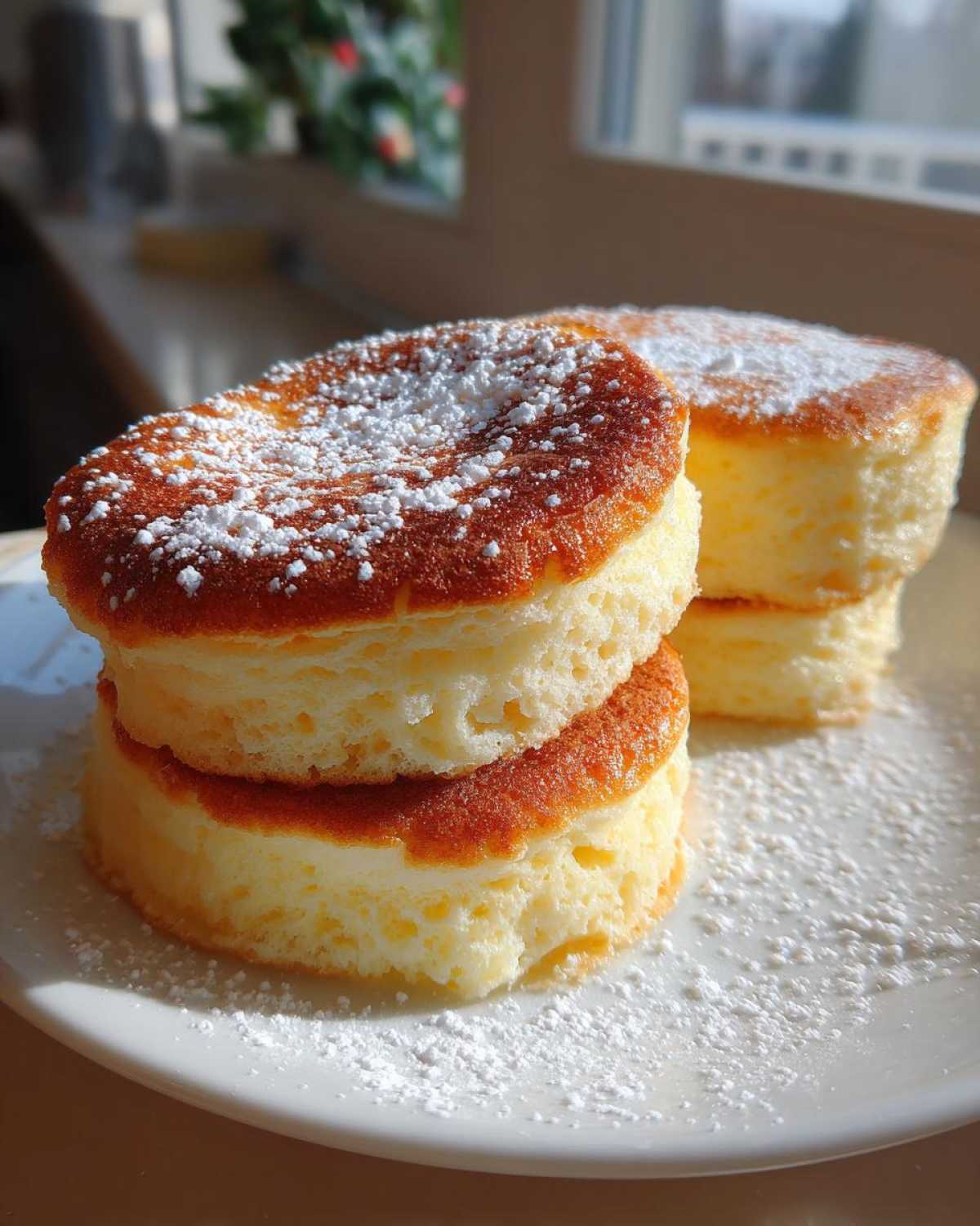 Close-up of two stacks of incredibly fluffy pancakes dusted generously with powdered sugar.