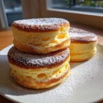 Close-up of three tall, golden fluffy pancakes stacked on a white plate, dusted heavily with powdered sugar.
