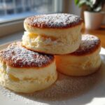 Three thick, golden-brown fluffy pancakes stacked on a white plate, dusted heavily with powdered sugar.