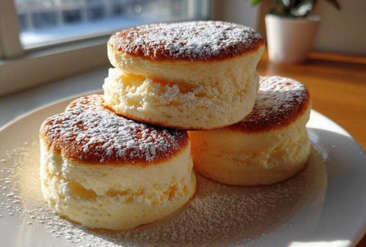 Three thick, golden-brown fluffy pancakes stacked on a white plate, dusted heavily with powdered sugar.