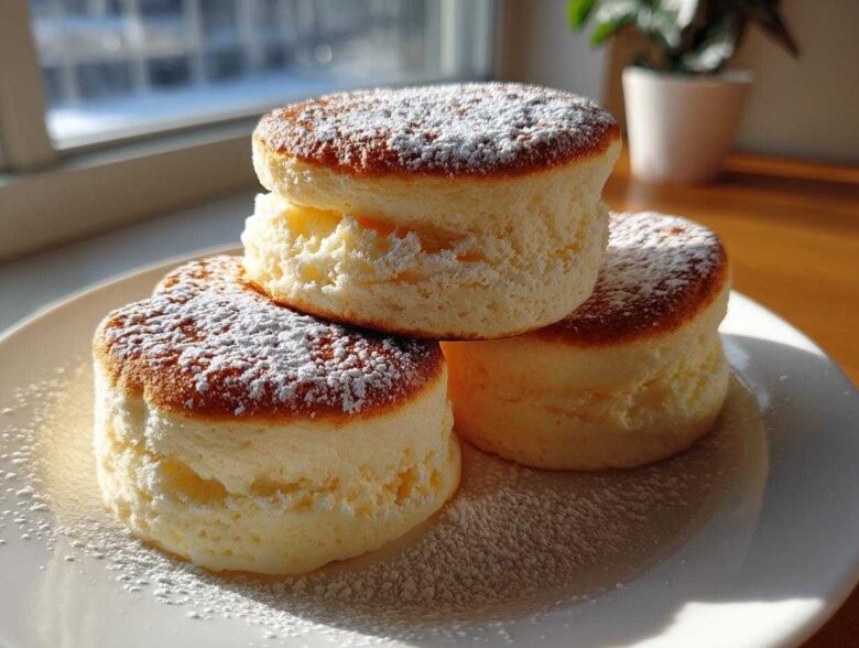 Three thick, golden-brown fluffy pancakes stacked on a white plate, dusted heavily with powdered sugar.