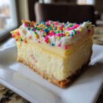 A close-up slice of creamy sugar cookie cheesecake topped with white frosting and colorful sprinkles.