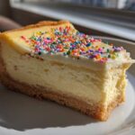 A close-up view of a slice of creamy sugar cookie cheesecake topped with white frosting and colorful sprinkles.