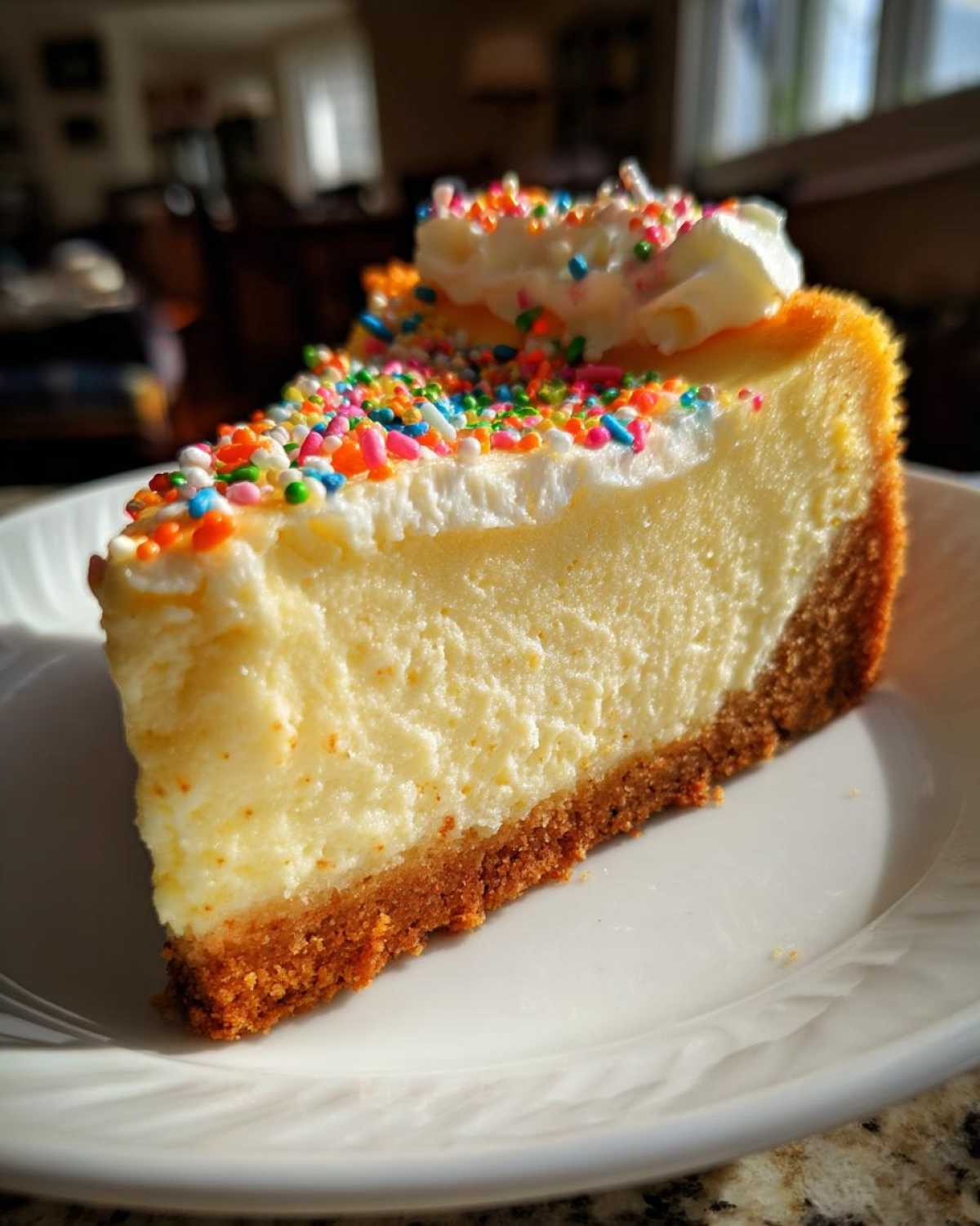 A close-up slice of creamy sugar cookie cheesecake with a graham cracker crust, topped with whipped cream and colorful sprinkles.