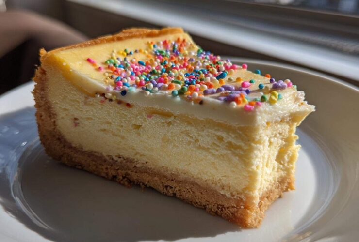 A close-up view of a slice of creamy sugar cookie cheesecake topped with white frosting and colorful sprinkles.