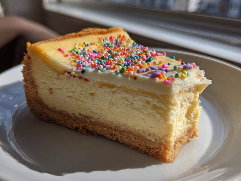 A close-up view of a slice of creamy sugar cookie cheesecake topped with white frosting and colorful sprinkles.