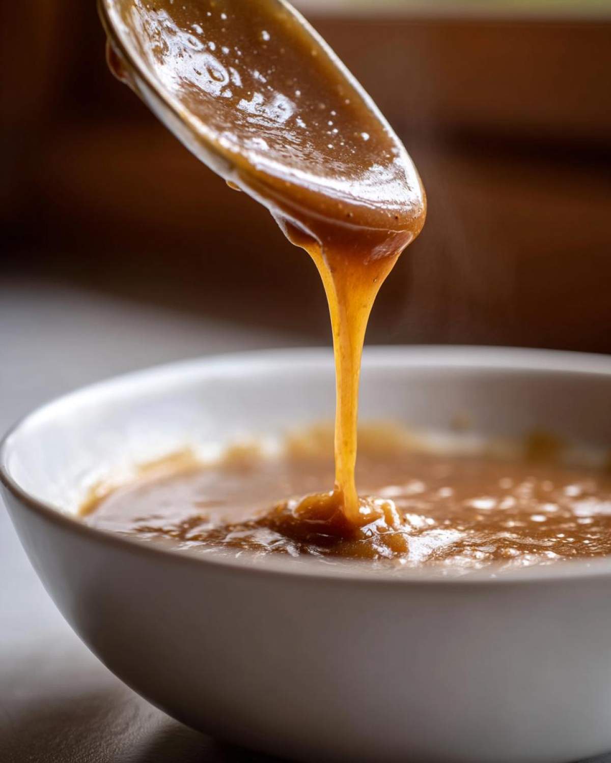 Close-up of thick, rich turkey gravy being poured from a spoon into a white bowl.