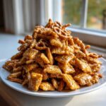 A large mound of glossy, caramel-coated toffee chex mix recipe featuring Chex cereal and pretzels on a white plate.