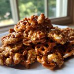 A mound of shiny, caramel-coated pretzels and cereal pieces from the toffee chex mix recipe piled on a white plate.