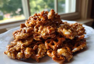 A mound of shiny, caramel-coated pretzels and cereal pieces from the toffee chex mix recipe piled on a white plate.