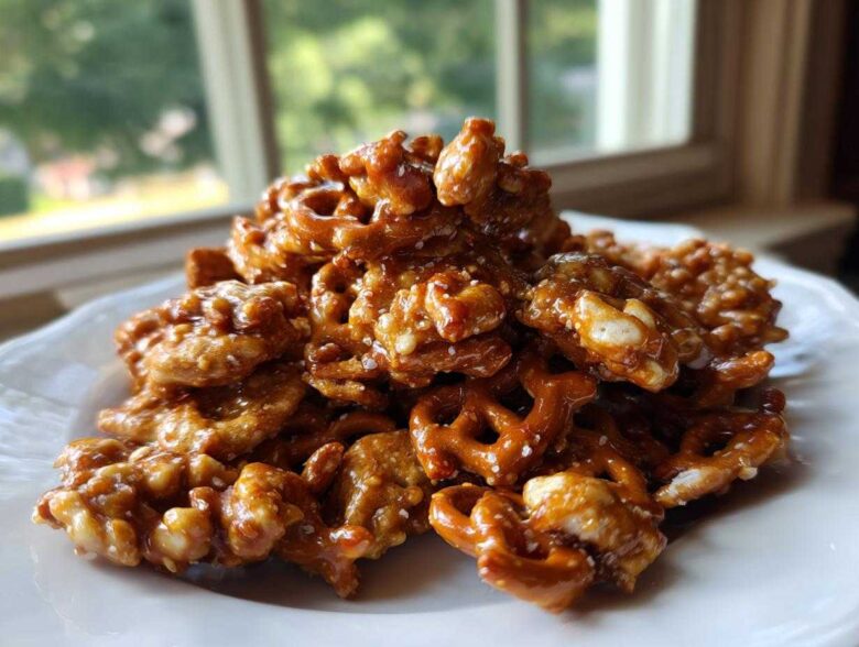 A mound of shiny, caramel-coated pretzels and cereal pieces from the toffee chex mix recipe piled on a white plate.