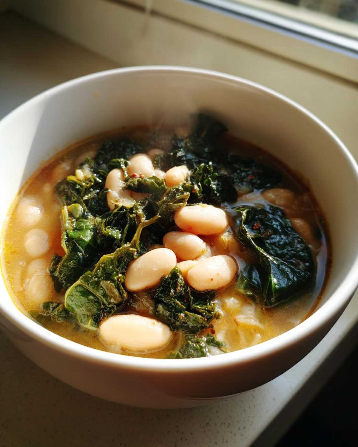 Close-up of hot Tuscan white bean soup featuring large white beans and dark green leafy vegetables.