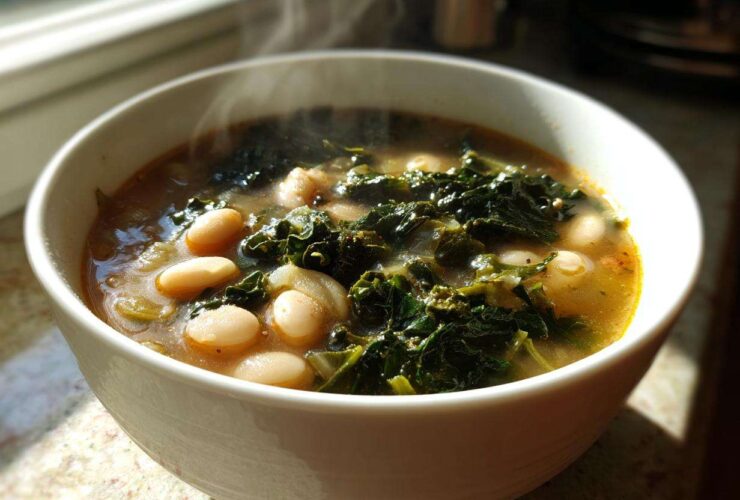 A steaming white bowl filled with hearty Tuscan white bean soup featuring cannellini beans and dark leafy greens.