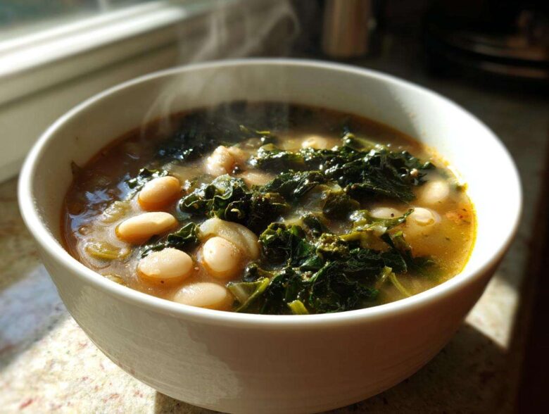 A steaming white bowl filled with hearty Tuscan white bean soup featuring cannellini beans and dark leafy greens.
