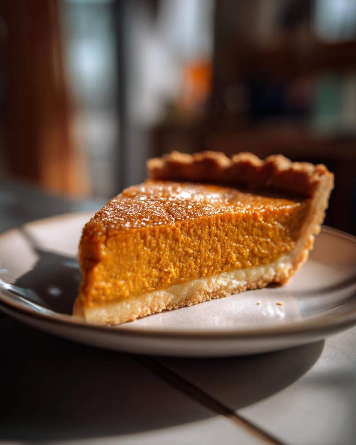 Close-up of a thick slice of vegan pumpkin pie with a golden crust, lightly dusted with powdered sugar.
