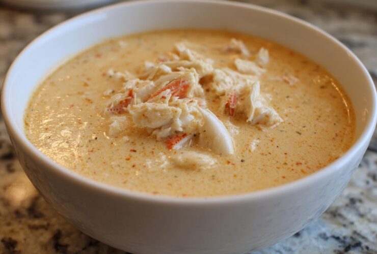 Close-up of a creamy, orange-hued crab soup garnished generously with flakes of white and red crab meat.