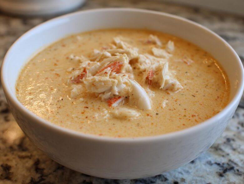 Close-up of a creamy, orange-hued crab soup garnished generously with flakes of white and red crab meat.