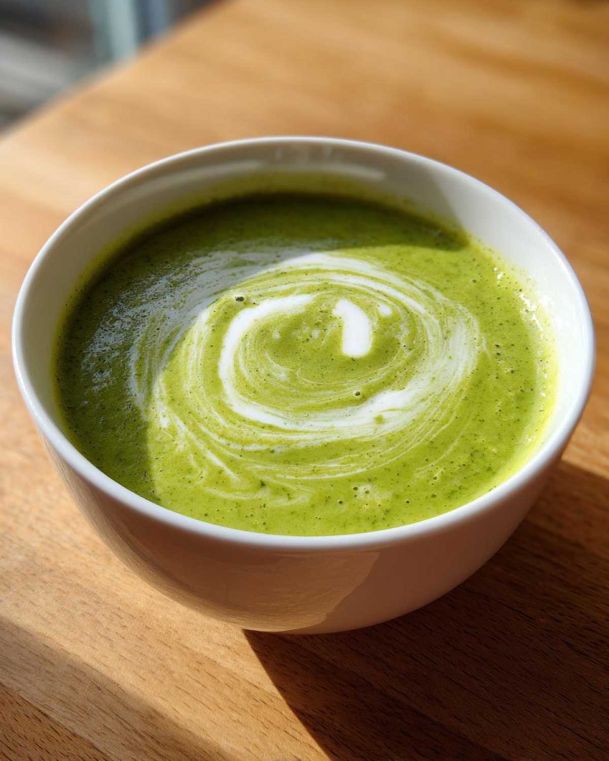 Close-up of a bowl of bright green zucchini soup topped with a white cream swirl.