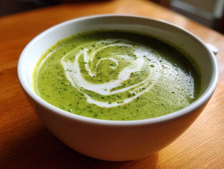 Close-up of a bowl of bright green zucchini soup topped with a swirl of cream and herbs.