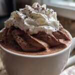 Close-up of a mug overflowing with rich, chocolatey whipped hot chocolate topped with whipped cream and shavings.