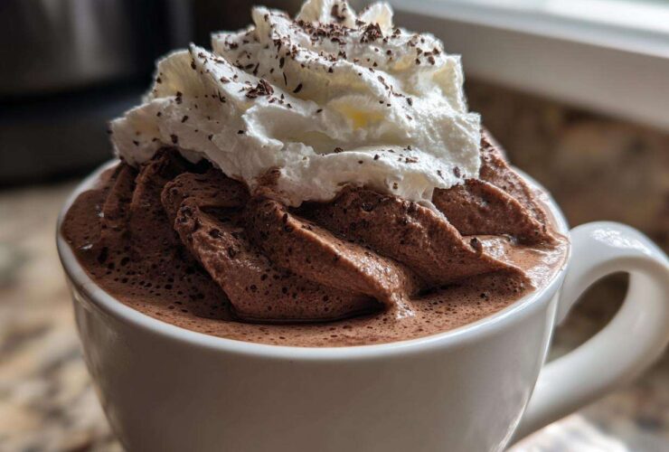 Close-up of a mug overflowing with rich, chocolatey whipped hot chocolate topped with whipped cream and shavings.