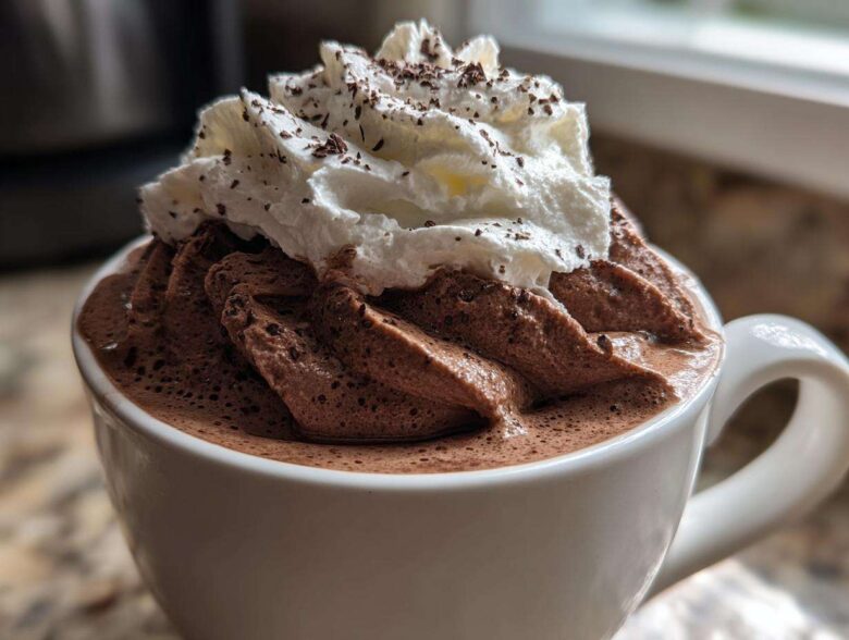 Close-up of a mug overflowing with rich, chocolatey whipped hot chocolate topped with whipped cream and shavings.