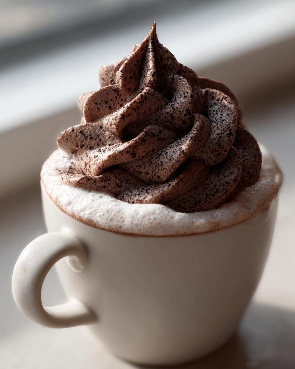A close-up of a white mug filled with foamy hot chocolate topped with a tall swirl of chocolate whipped hot chocolate dusted with cocoa.