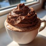 Close-up of a mug filled with hot chocolate topped high with rich, dark chocolate whipped hot chocolate.