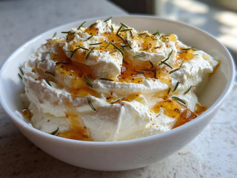 A close-up of creamy whipped ricotta dip with hot honey drizzled on top and garnished with fresh rosemary.