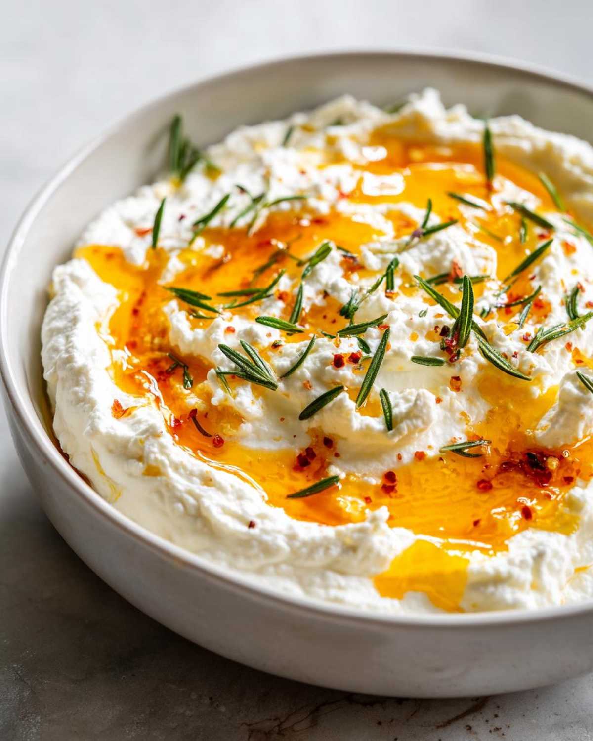 Close-up of creamy whipped ricotta dip with hot honey drizzled on top and fresh rosemary sprigs.