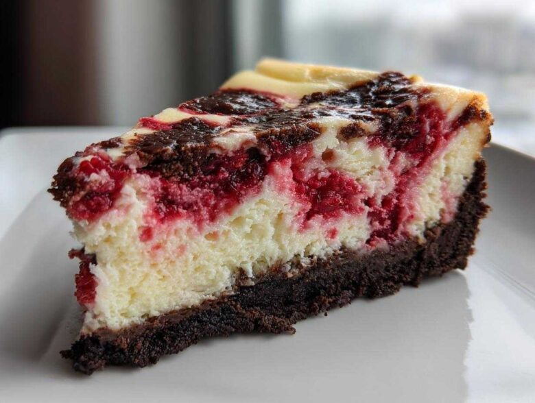 Close-up of a rich slice of white chocolate raspberry cheesecake showing layers of dark crust, creamy filling, and bright red raspberries.