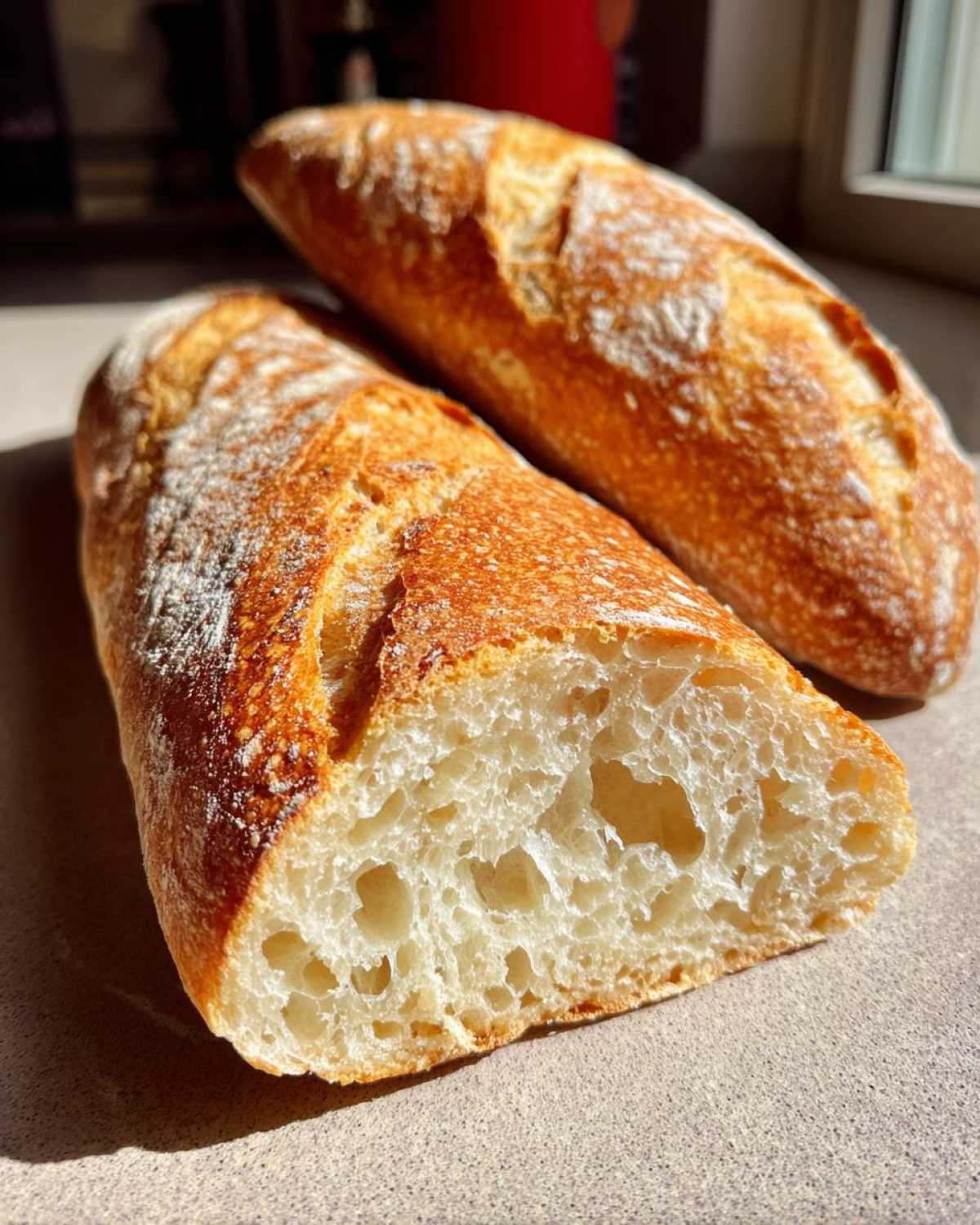 Close-up of a freshly baked french bread loaf cut open, showing the airy, open crumb structure.
