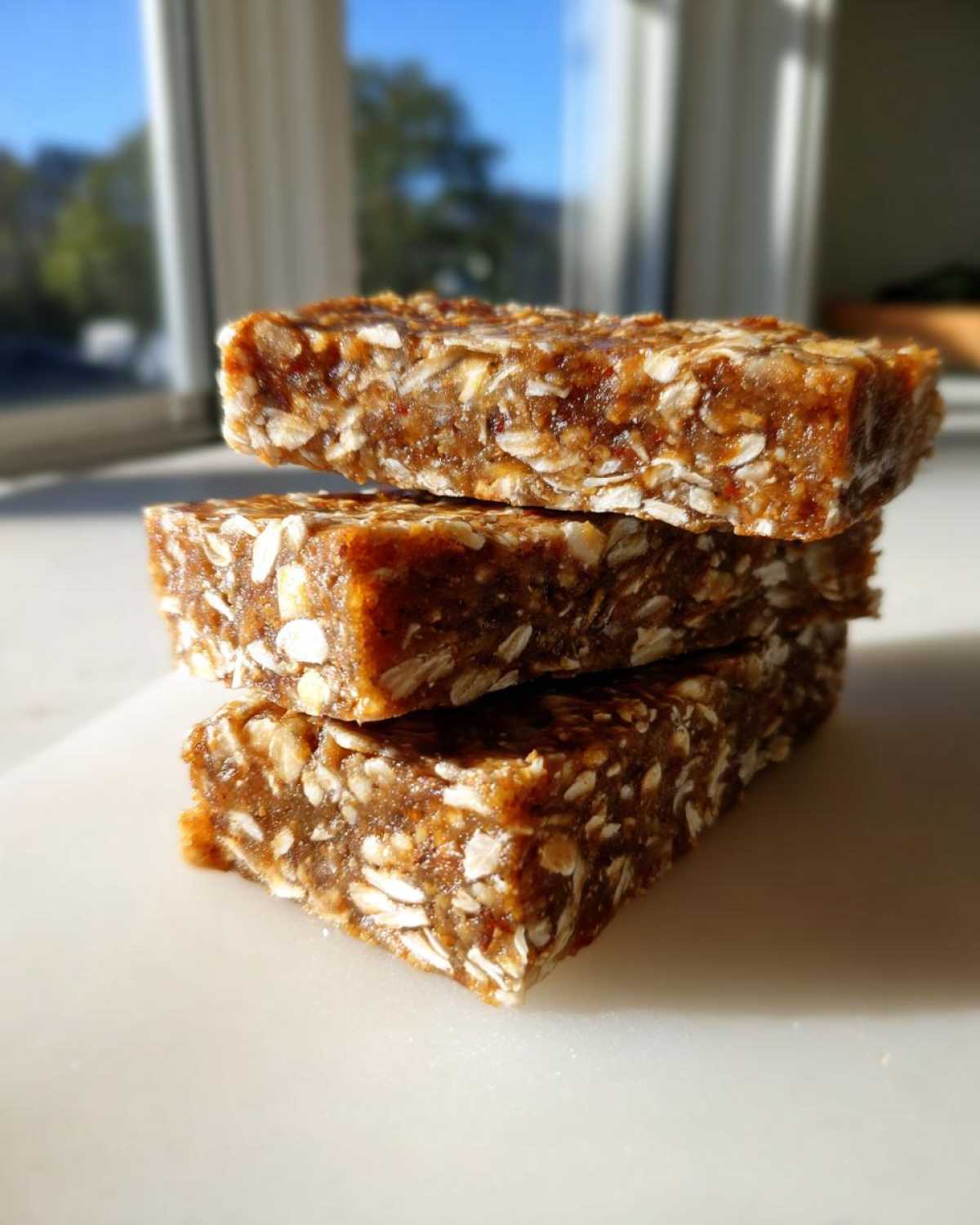 A stack of three homemade, chewy protein bars packed with visible oats, set against a bright window background.