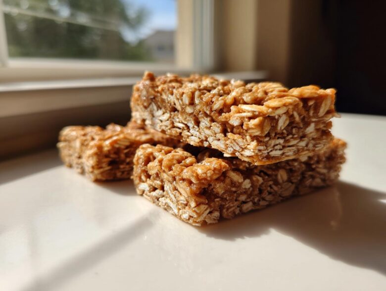 Three stacked, chewy, homemade protein bars made with oats, sitting on a white surface in bright sunlight.