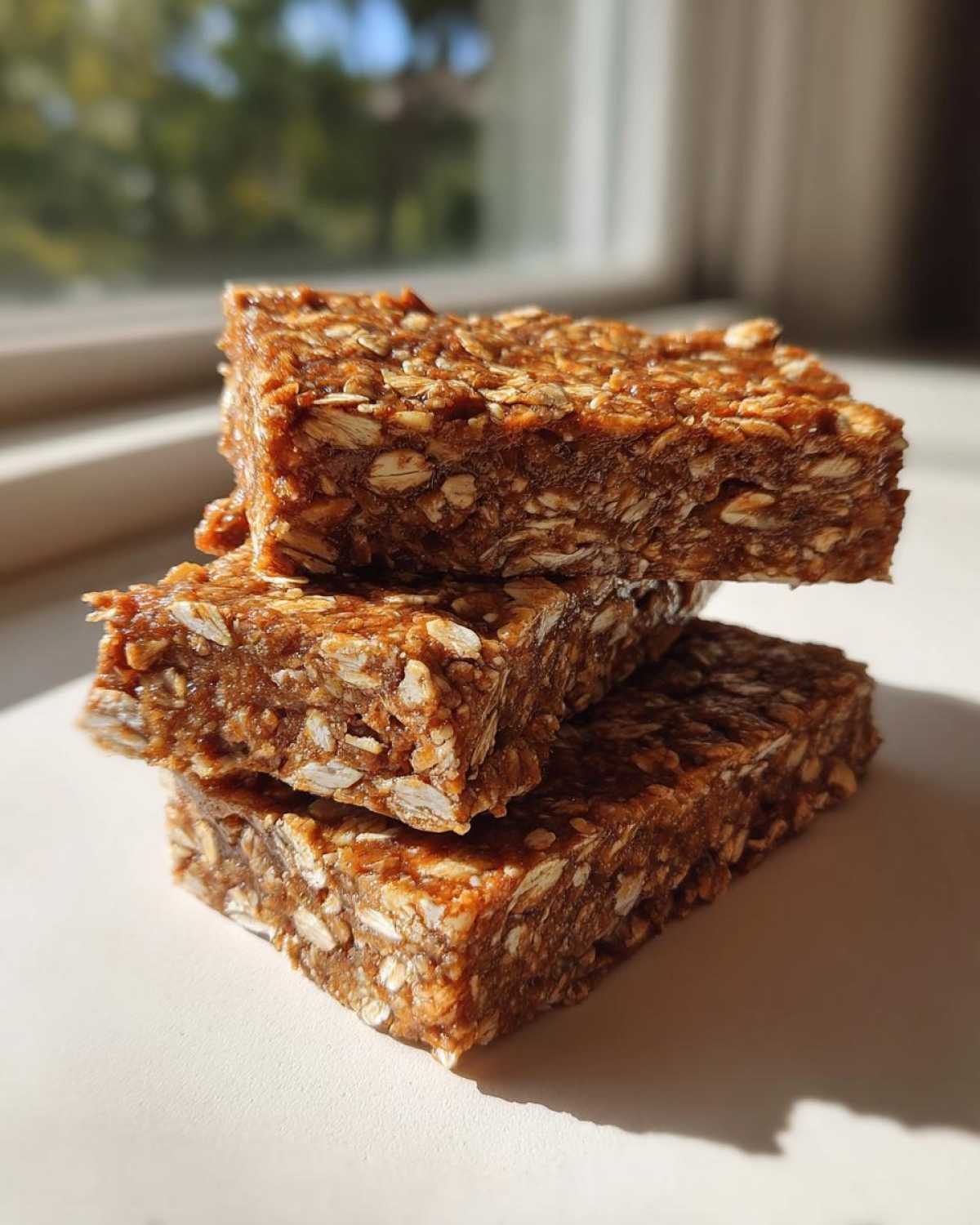A stack of three dense, chewy homemade protein bars made with visible oats, sitting on a white surface near a window.