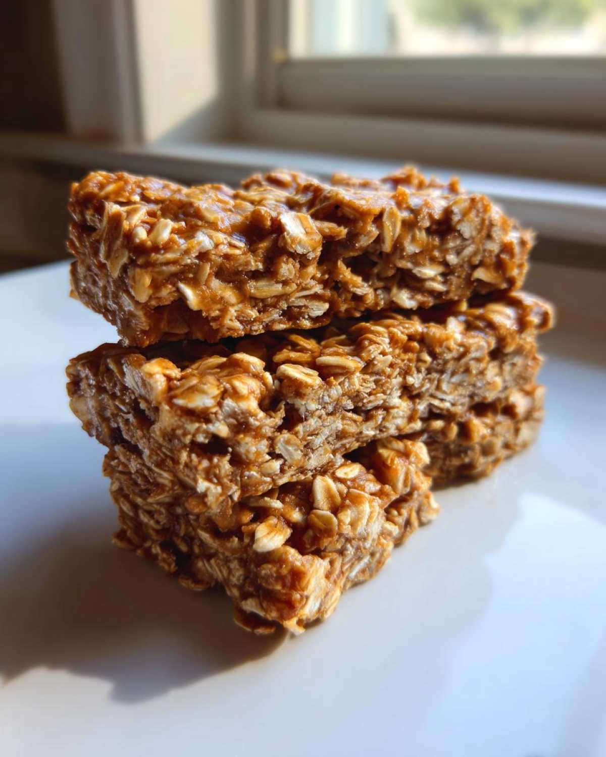A close-up stack of three chewy, oat-based homemade protein bars sitting on a white plate.