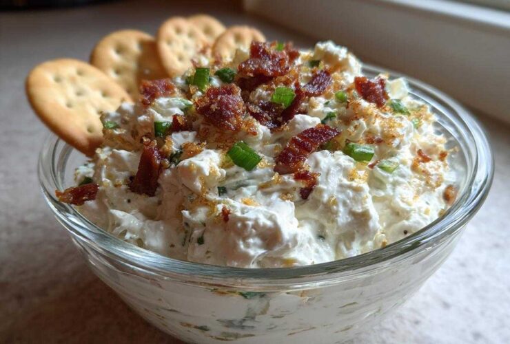 A close-up of creamy Million Dollar Dip topped with bacon bits and green onions, served with crackers.