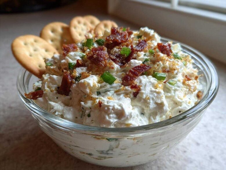 A close-up of creamy Million Dollar Dip topped with bacon bits and green onions, served with crackers.