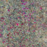 Abstract, textured background image with gray and beige tones and scattered bright pink/magenta pixels, suitable as a background for a cheesy rice recipe.