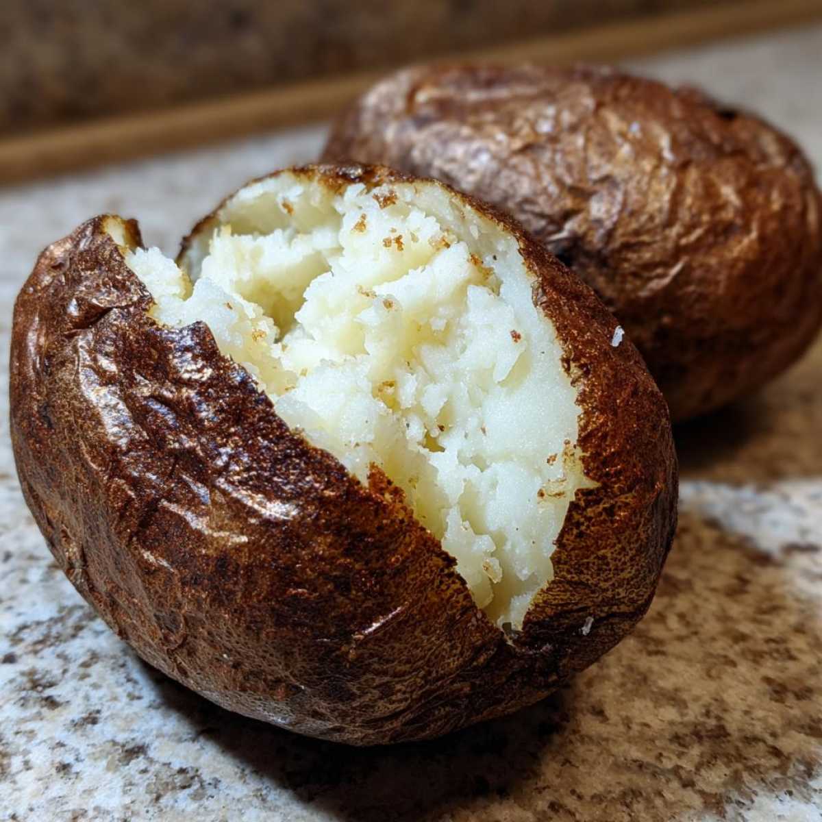 Close-up of a perfectly cooked air fryer baked potato split open, revealing fluffy white interior and crispy brown skin.