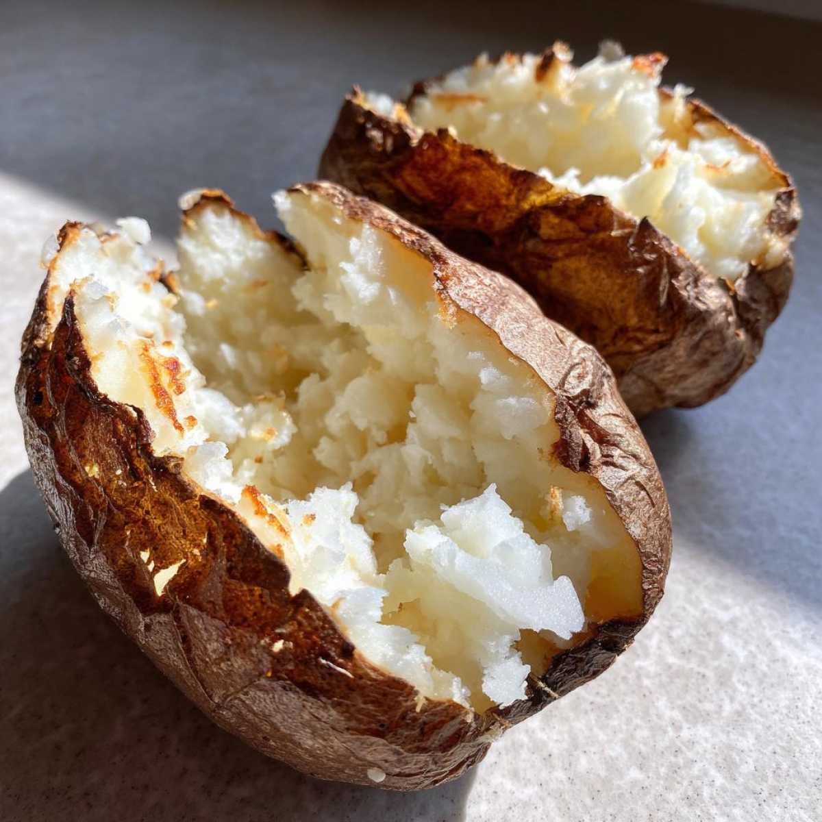 Close-up of two halves of an air fryer baked potato showing the fluffy white interior and crispy brown skin.