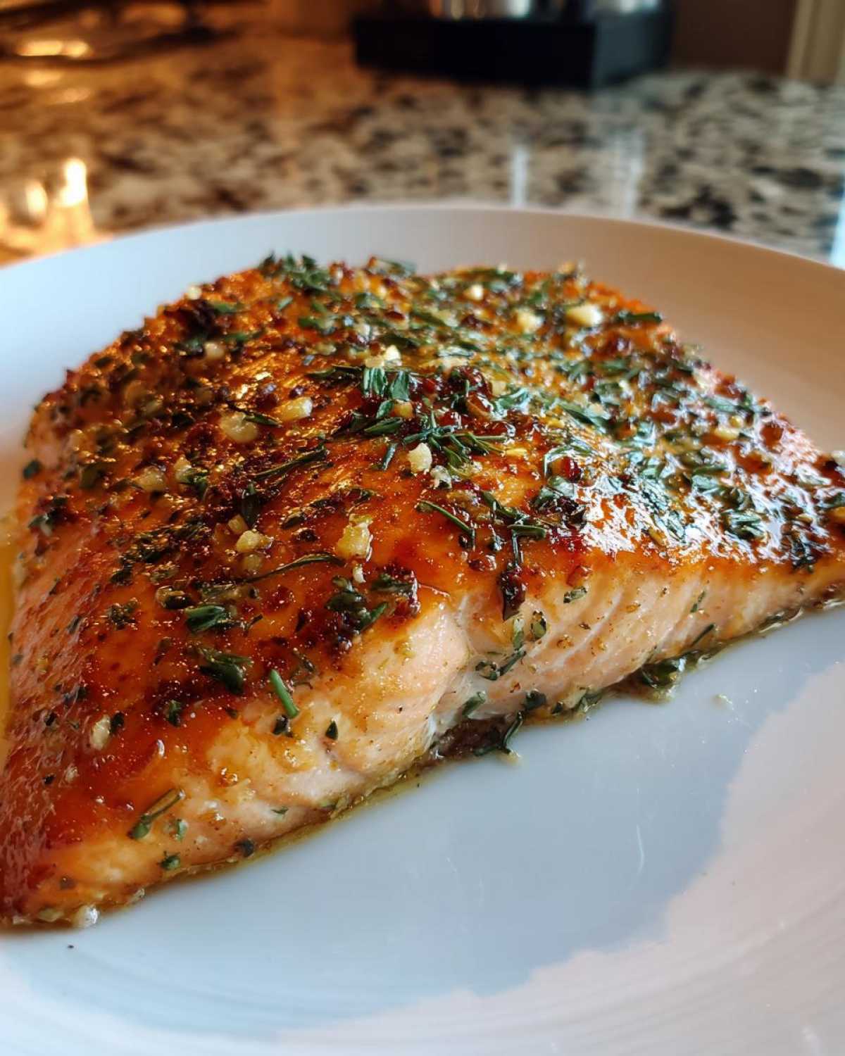 A close-up of a glistening, perfectly cooked piece of air fryer salmon topped with garlic and herbs.