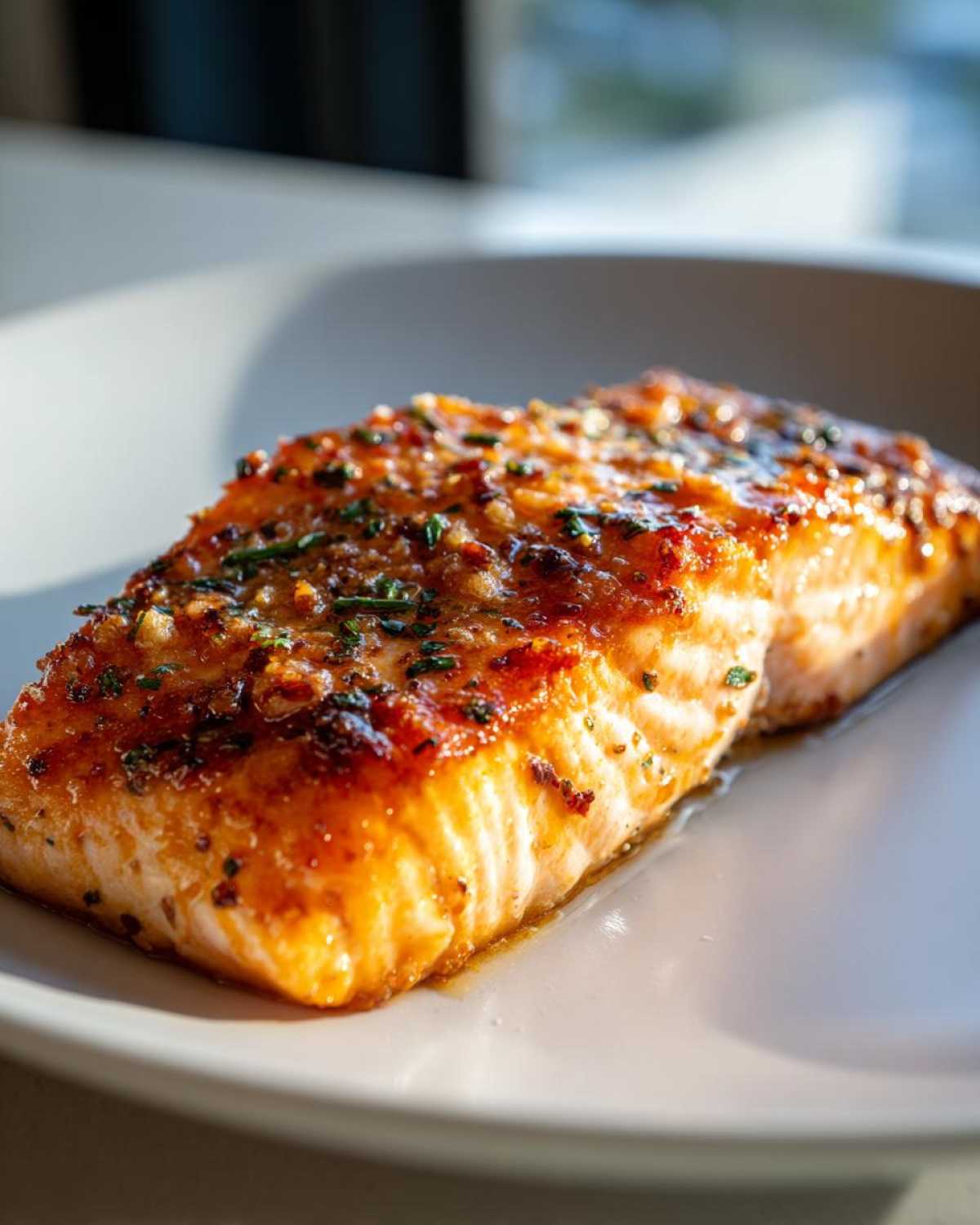 Close-up of a perfectly cooked, glazed air fryer salmon fillet topped with herbs on a white plate.