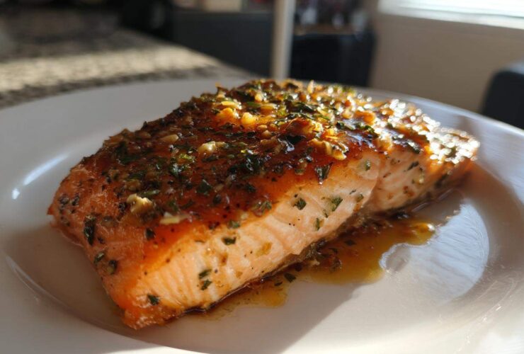 Close-up of a perfectly cooked air fryer salmon fillet topped with a glossy glaze of herbs and garlic.