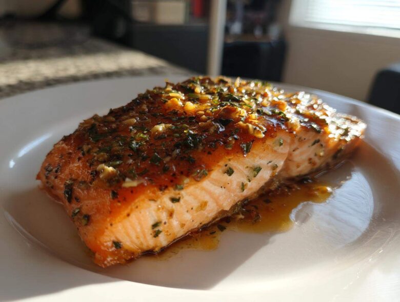 Close-up of a perfectly cooked air fryer salmon fillet topped with a glossy glaze of herbs and garlic.